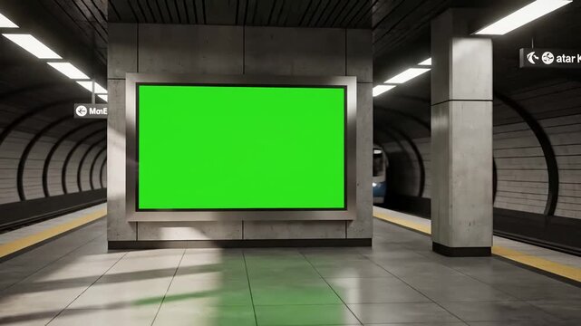 Green Screen empty billboard with a for advertising on subway station 4k 3d animation scene 2 distortion, overlay, glitch, static noise, scan lines black background, animated video loop