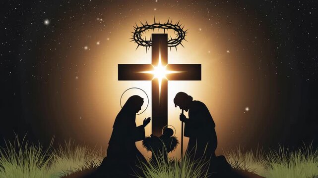 Nativity scene silhouette with Mary, Joseph, and baby Jesus in a manger. Christian cross with crown of thorns and Star of Bethlehem. Religious Christmas motion graphic background