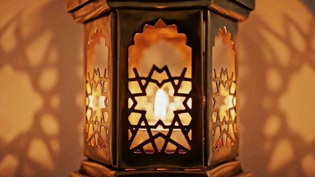 A beautiful close-up of a golden Ramadan lantern with a warm, flickering candle inside, casting stunning, intricate patterns on the wall. Perfect for cultural, religious, or festive themes.