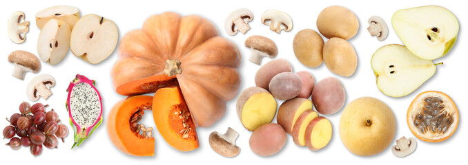 Fresh vegetables and fruits on white background, top view