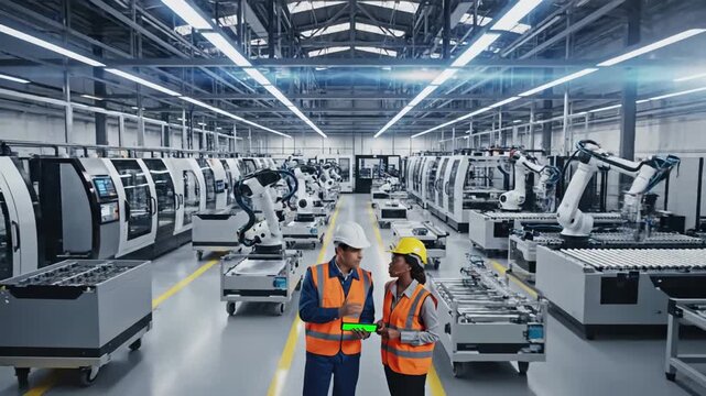 Green Screen industry 4 0 factory chief engineer and project supervisor in safety vests hard hats talk use digital tablet computer with chroma key workshop machinery zoom out scene 2 distortion