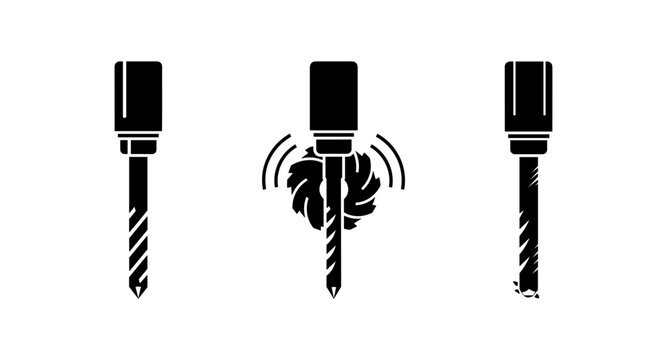 Set of three drill bits icons showing drilling process and tool