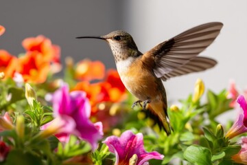 Fototapeta premium Vibrant Hummingbird in Flight Over Lush Flowers Blooms in Garden Setting