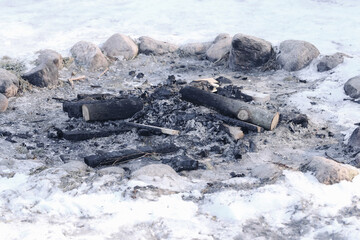 Snow covered campfire pit with burnt logs and ashes. Stone fire ring in winter landscape....