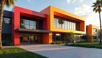 Obraz premium Modern school building with vibrant exterior, featuring bold colorful architecture. The empty campus has large glass windows and palm trees. Sunny day with blue sky.