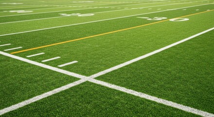 Fototapeta premium Close-up of a vibrant green sports field with yard lines, perspective shot