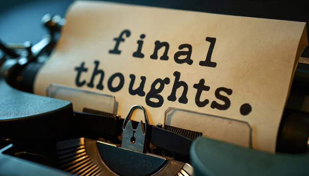 Vintage typewriter with paper showing final thoughts text. Old writing machine for journalism or creative author work. Antique communication equipment.
