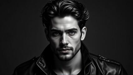 Fototapeta premium black white portrait young man wearing leather jacket has serious expression his face his hair styled messy curly manner his eyes looking directly camera background completely black making man focal