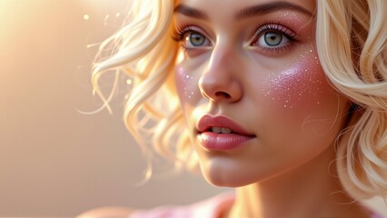 Fototapeta premium close portrait young woman face she has blonde hair styled loose curls falls over her shoulders her eyes blue her eyebrows perfectly groomed she looking directly camera serious expression background