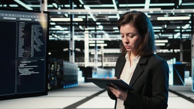 Data center admin using AI LLM model and AR control panel to configure rigs. Server farm IT expert using artificial intelligence chatbot and holographic overlay to upgrade hardware, camera A