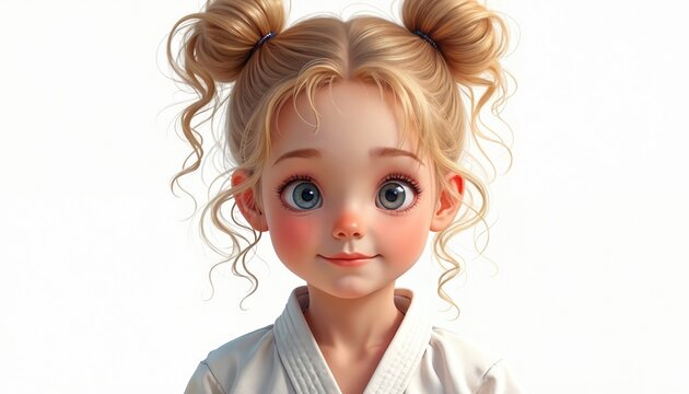 Young blonde girl wears karate uniform looking at viewer. Cute child practices martial arts with focused expression. Illustration depicts a small athlete preparing for training in traditional style.