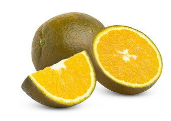 Juicy fresh chocolate brown orange and half with slice of chocolate orange isolated.