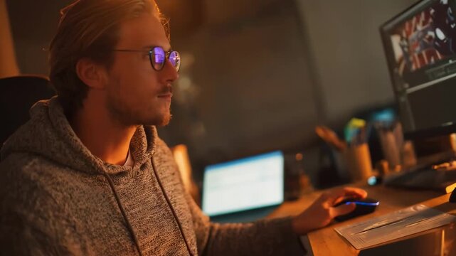 Medium shot of programmer working with digital filters on a computer converting analog video signals to digital formats for enhanced video compression.
