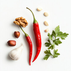 Fresh red hot chili peppers with garlic and spices isolated on a white background