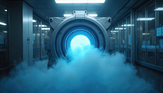 Futuristic cryogenic machine emits cold vapor. Advanced tech lab with sleek design and bright lights. Research facility for extreme cold storage experiments.