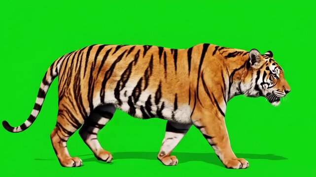 Green Screen tiger slowly walking seamlessly looped on real shot isolated chroma key perfect for digital composition cinema 3d mapping scene 2 with distortion, overlay, glitch, static noise, scan