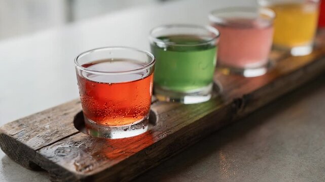 Overhead medium shot showcasing a wooden flight board with small glasses of fruity sodas main glass sharply in focus with surrounding glasses softly out of focus.