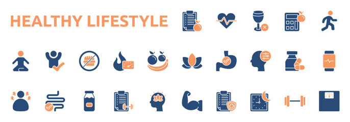 Healthy Lifestyle icon two color style with diet, heart, no alcohol, calorie, activity, meditation icons