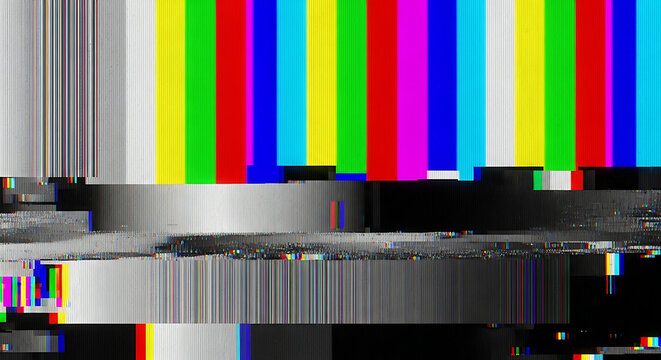 glitch art with tv static and colorful test pattern displaying digital interference signal loss and visual noise for technology backgrounds.