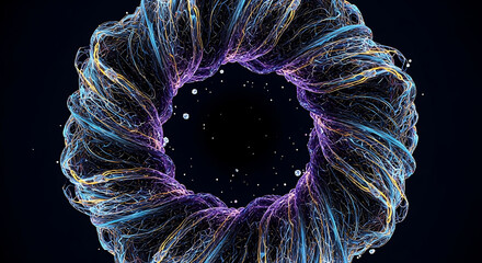 glowing abstract toroidal network of lines forms a vortex in dark space visualizing data ai and modern tech.
