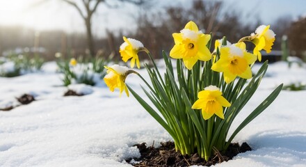 Yellow daffodil flowers covered in snow during early spring. Seasonal weather change in nature. Spring flower emerging from winter. © Kristelinmind