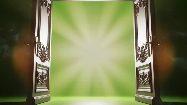 Green Screen black classic doors opening background animation 3d render alpha channel scene 2 with distortion, overlay, glitch, static noise, scan lines on background, 4k animated video loop