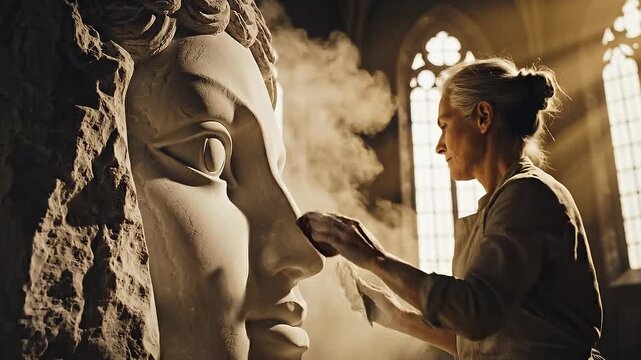 Sculptor meticulously carves a stone statue in a sunlit studio.