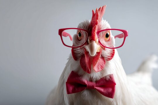 Comical Chicken Wearing Glasses and Bow Tie in a Close-Up Isolated View