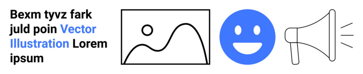 Obraz premium Communication tools, emotional expression, digital interaction, media promotion, branding, marketing. A simple graphic an image icon, happy face and megaphone. Communication tools and emotional