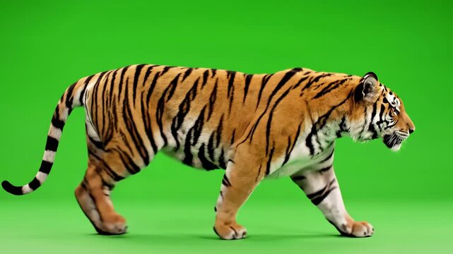 Green Screen tiger slowly walking seamlessly looped on real shot isolated chroma key perfect for digital composition cinema 3d mapping scene 2 with distortion, overlay, glitch, static noise, scan