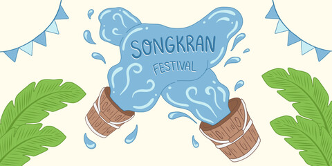 Wooden buckets pouring water songkran festival lettering