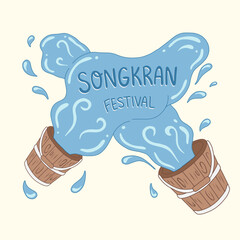 Two wooden buckets pouring water songkran festival 