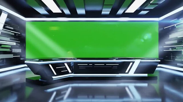 Green Screen newsroom background plate for news broadcast scene 2 with distortion, overlay, glitch, static noise, scan lines on black background, 4k animated video loop