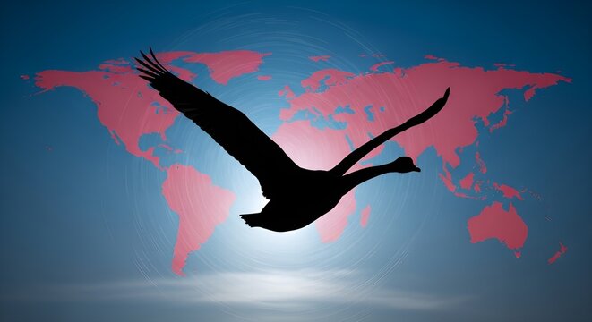 Silhouette of a Crane Flying Over World Map