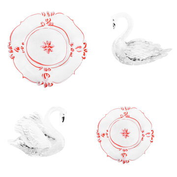 Infinite pattern with two white swans on a shelf with red patterned dishes_17