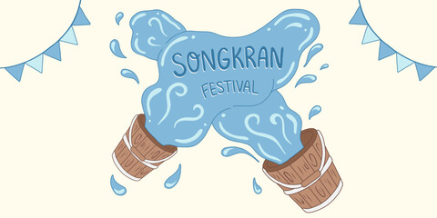 Two wooden buckets pouring water songkran festival lettering