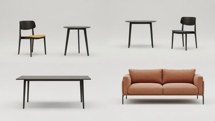Fototapeta premium Set of modern furniture including chairs, tables and sofa against a neutral background