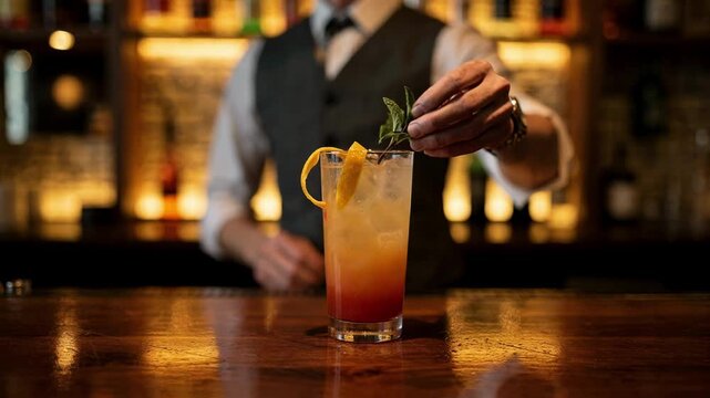 Bartender carefully garnishing a colorful mocktail while the illuminated bar and bokeh lights create a cozy atmosphere.