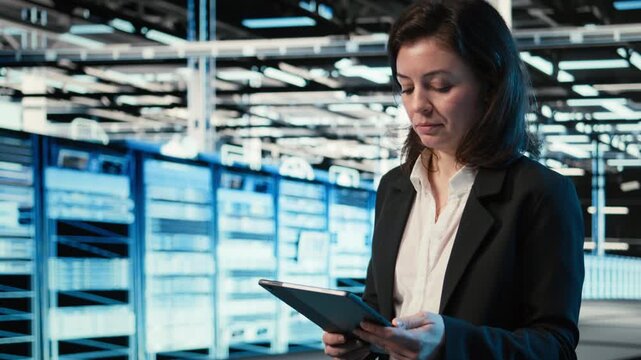 Optimizing servers, virtual graphics and system administrator in data center. Overseeing systems, wireframe mesh visualization VFX overlay and computer scientist in server hub, camera A