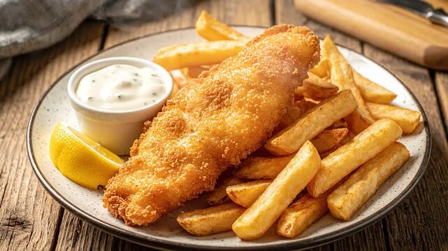Plate of golden fried fish fillet, french fries, lemon wedge, and sauce