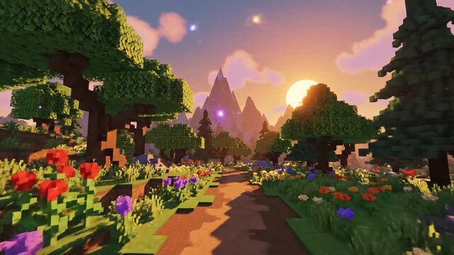 A vibrant pixelated landscape with a dirt path leading through a colorful flower garden, flanked by blocky trees under a golden sunset sky with distant mountains.