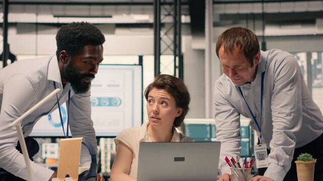 Professional team, analyzing income data, taxes and compliance reports, corporate office. Visual data, charts for strategy planning, business development, organizational research, three people.