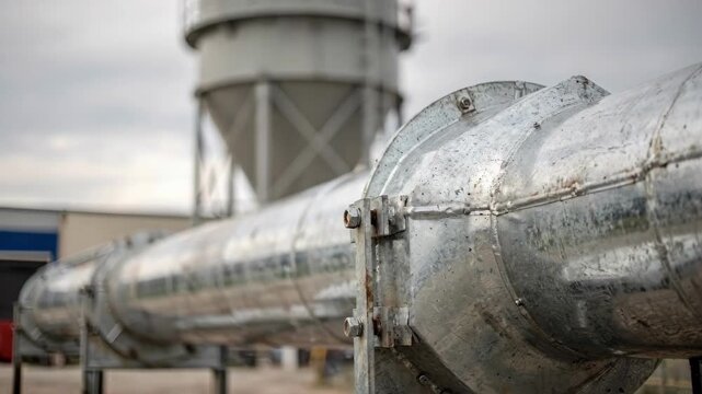 Close medium shot capturing intricate galvanized duct joints extending above with a large cyclone separator softly blurred in the background outdoors.