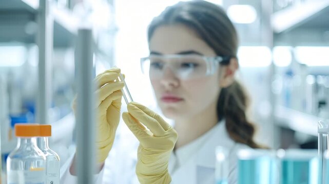 Discovery in the Lab: A focused scientist, shielded by safety eyewear and gloves, meticulously examines a vial in a modern laboratory, symbolizing scientific investigation and meticulous exploration.