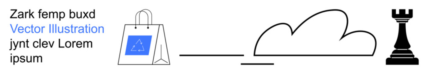 E-commerce, strategy, design, innovation, connectivity, creativity. Minimalistic shopping bag, cloud line rook chess piece. E-commerce and strategy ideas in a conceptual graphic © robu_s