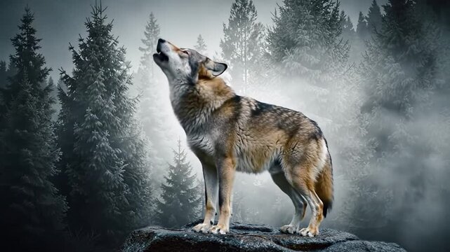 A Lone Gray Wolf Standing Proudly on a Rocky Outcrop Amidst Misty Forest Background, Capturing the Essence of Wilderness and Natural Beauty
