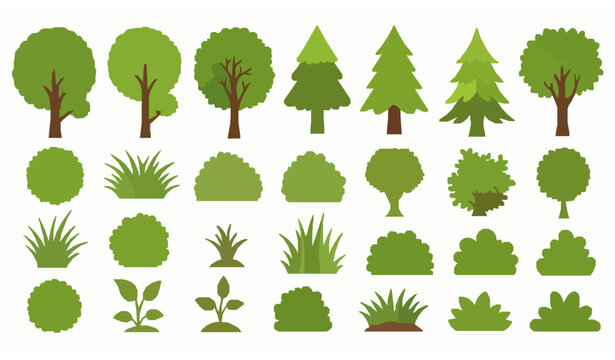 Cartoon trees bushes and plants flat vector nature set