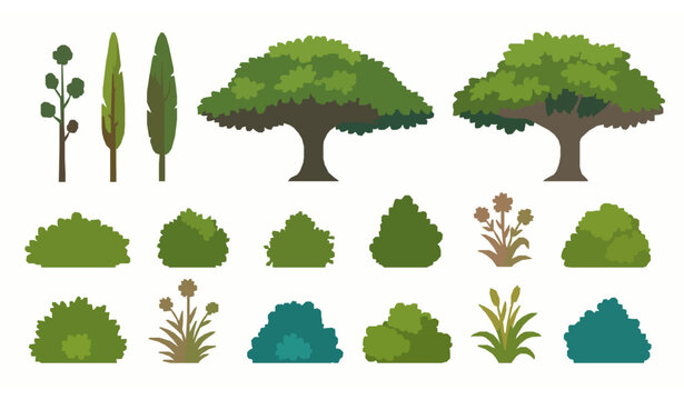 2D cartoon forest plants trees and bushes vector elements