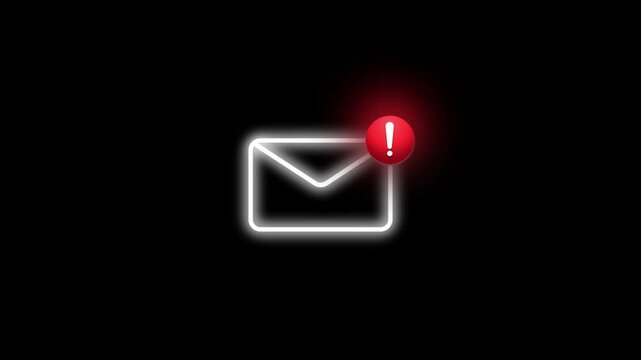 Electronic Mail box animation with warning red pop up exclamation mark on top right isolated on black background