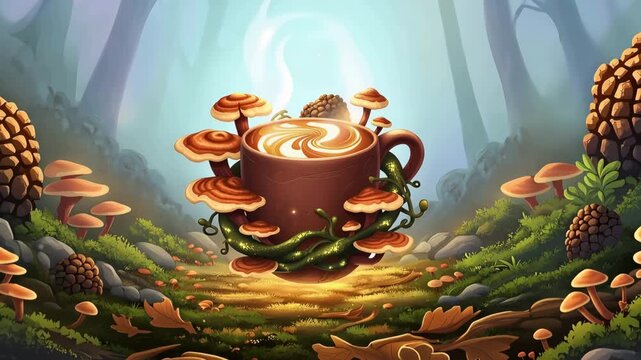 Close up of an adaptogenic mushroom coffee cup with reishi mushroom and chaga, glowing in a whimsical forest setting